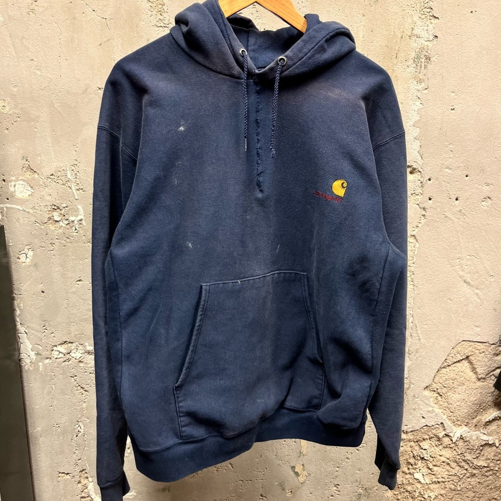 Carhartt Vintage 90s Navy Blue Embroidered Logo Reverse Weave Hoodie Sweatshirt